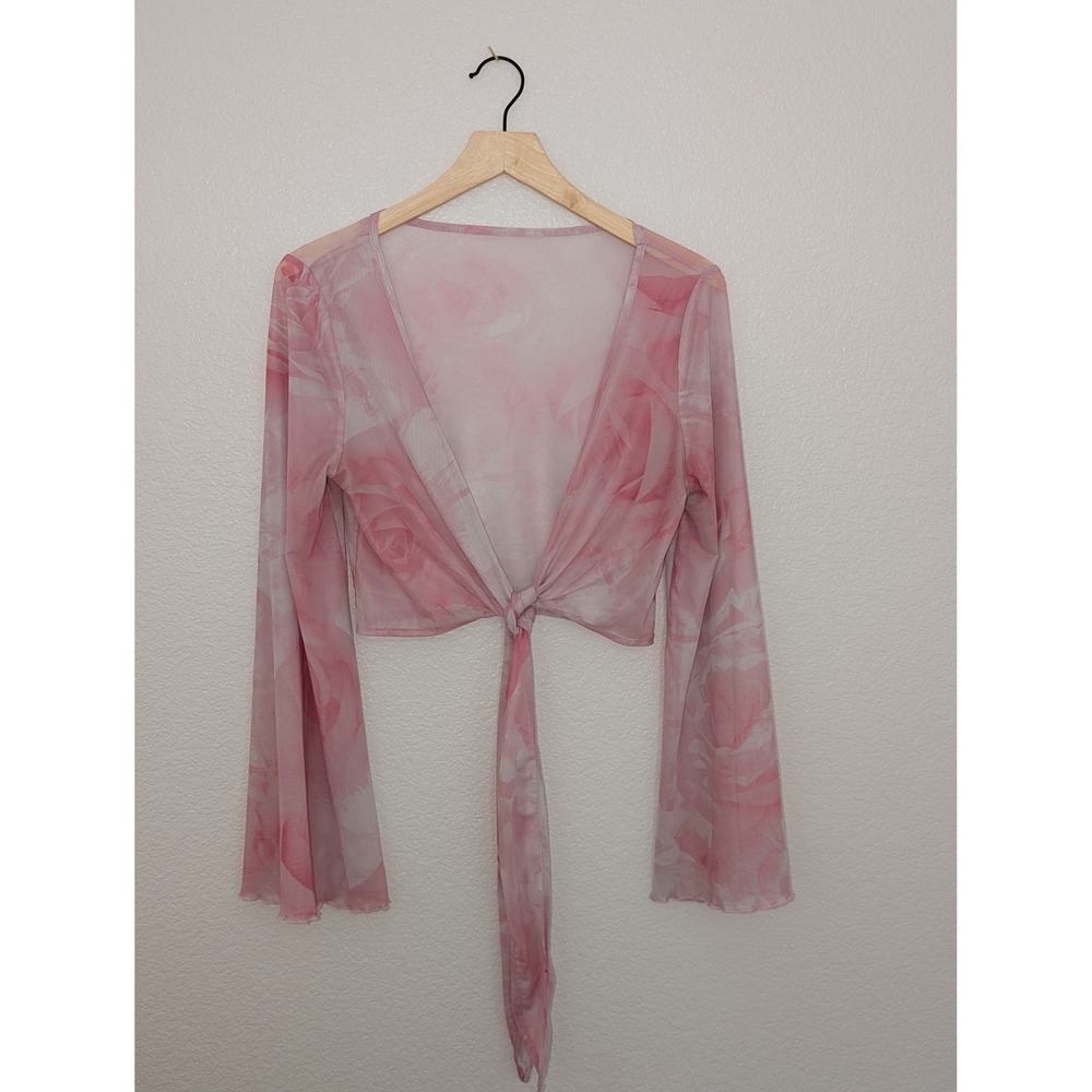 Pink Rose Floral Sheer Mesh Tie Front Shrug Cardigan OS